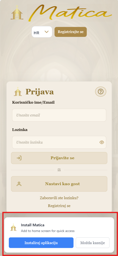 Ponuda za instalaciju na početni zaslon (mobilni prikaz)