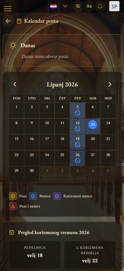 Kalendar posta i nemrsa (mobilni prikaz)