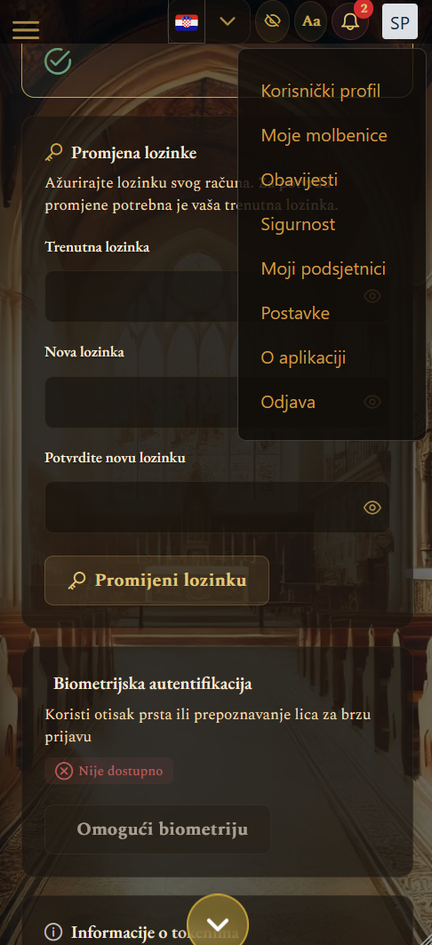 Sigurnosne postavke i promjena lozinke (mobilni prikaz)