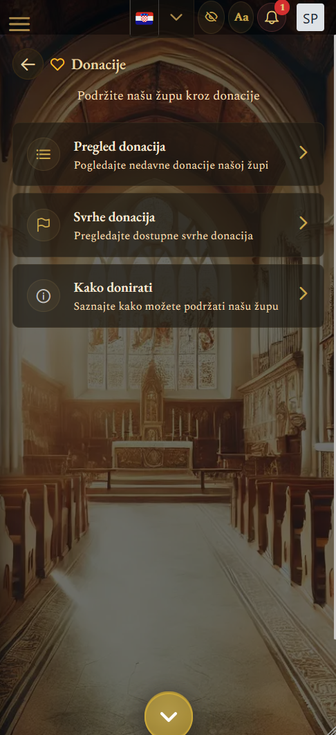 Stranica donacija sa svrhama, donacijama i uputama (mobilni prikaz)