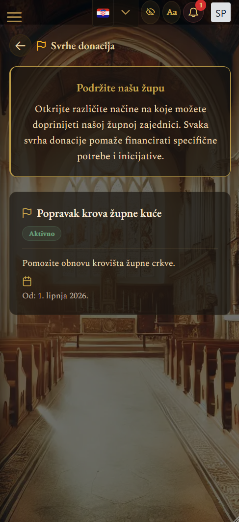 Pregled trenutnih svrha donacija (mobilni prikaz)