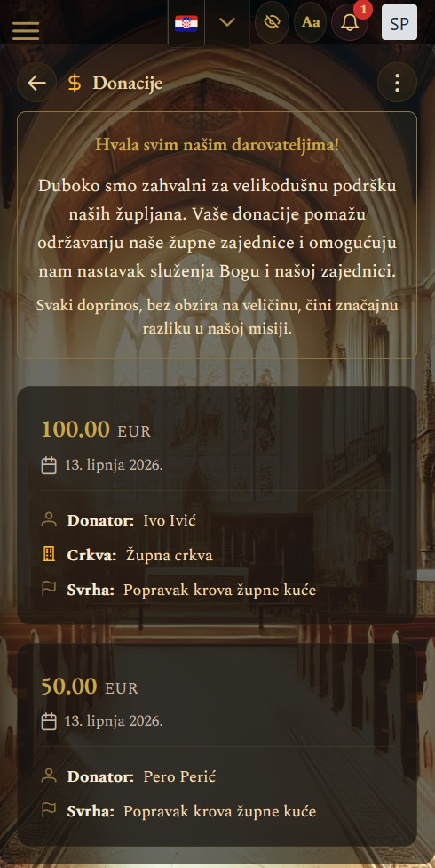 Pregled donacija (mobilni prikaz)