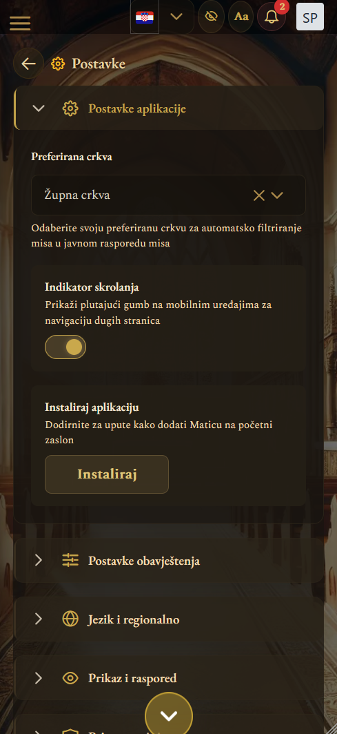 Zaslon postavki aplikacije (mobilni prikaz)