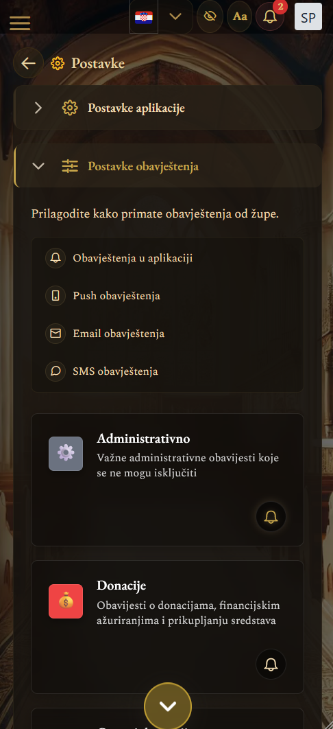 Zaslon postavki aplikacije (mobilni prikaz)
