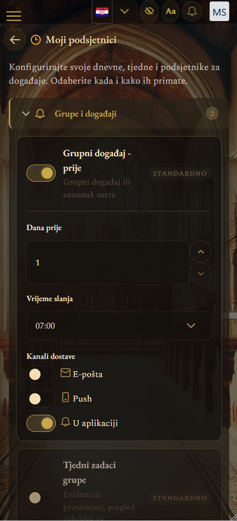 Zaslon postavki aplikacije (mobilni prikaz)