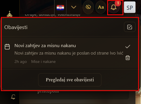 Obavijest o novom zahtjevu za nakanom (mobilni prikaz)