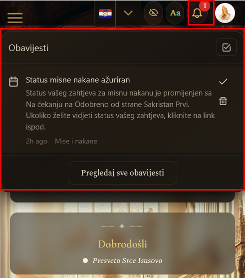 Obavijest o novom zahtjevu za nakanom (mobilni prikaz)