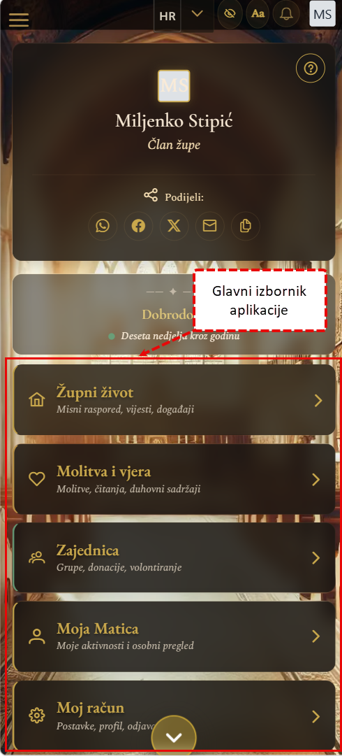 Glavni izbornik za župljane (mobilni prikaz)