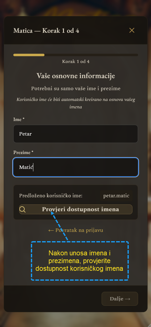 Registracija - korak 1 (mobilni prikaz)