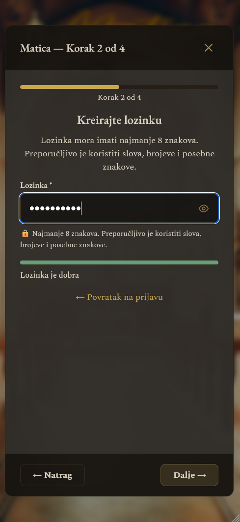 Registracija - unos lozinke (mobilni prikaz)