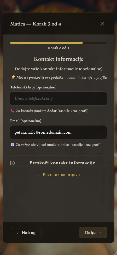Registracija - kontakt informacije (mobilni prikaz)