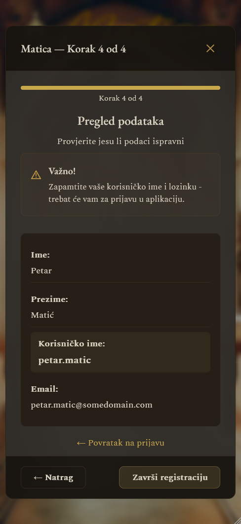 Registracija - dovršetak (mobilni prikaz)