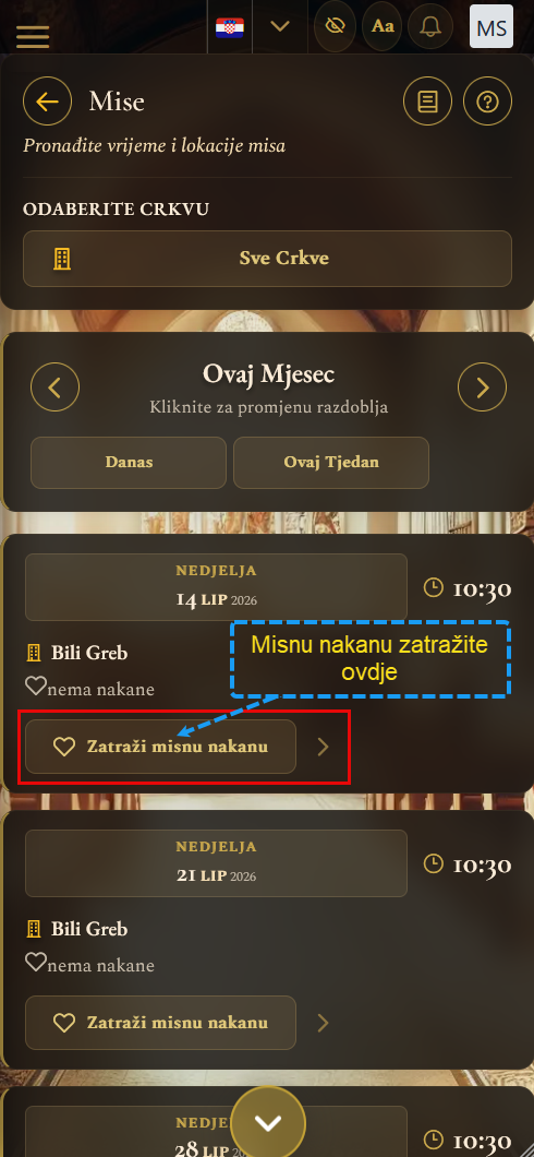 Pregled misa u župi (mobilni prikaz)