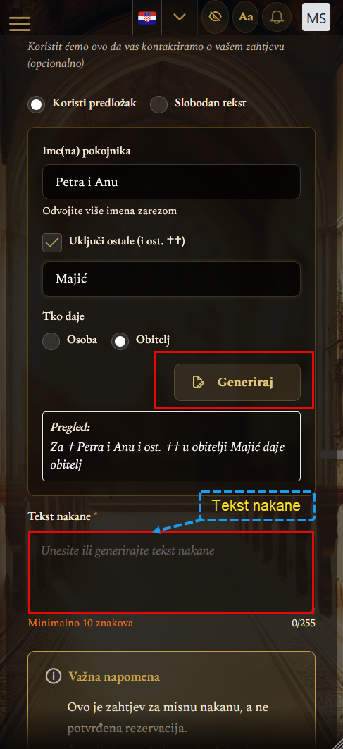 Kreiranje teksta nakane kroz predložak (mobilni prikaz)