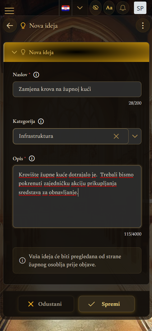 Obrazac za unos ideje (mobilni prikaz)