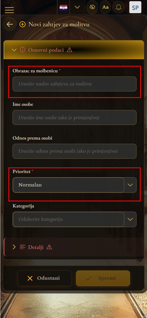 Obrazac zahtjeva za molitvu - Osnovni podaci)